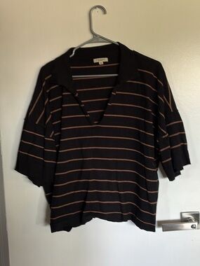 Caslon Black with Brown Striped Polo-Knit Top